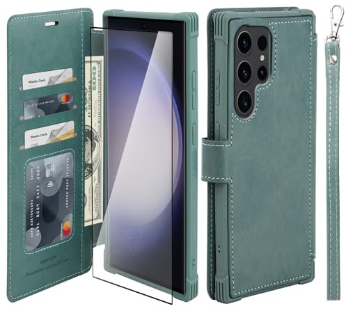 VANAVAGY Compatible with Galaxy S23 Ultra Wallet Case for Women and Men,Rfid Flip Leather Cover with Wrist Supports Wireless Charging with Card Holder and Screen Protector,Forest Green