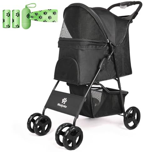 Haustier-Kinderwagen, Faltbarer Katzen-Hunde-Kinderwagen, Haustier-Hunde-Kinderwagen mit Aufbewahrungskorb, 360° Vorderrad Hinterrad mit Bremse, Leichter Reise-Kinderwagen (Schwarz)