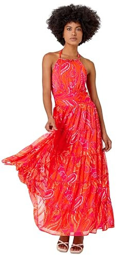 Roman Women Halterneck Midi Dress - Ladies Halter Neckline Maxi Spring Everyday Summer Holiday Sleeveless Soft Tie Waist Detail Keyhole Neck Gown Vacation Frocks Pink Orange