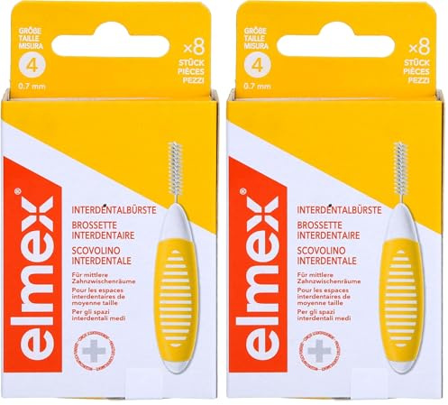 elmex Interdentalbürste gelb (Größe 4, 0,7mm), 1 x 8 Stück - Interdentalbürsten für die Reinigung mittlerer Zahnzwischenräume (Packung mit 2)