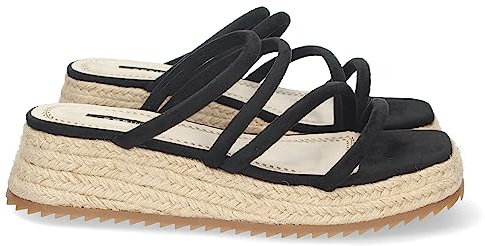 shoes&blues.es 75112 Sandalia de Plataforma para Mujer, Comoda, Forrada de Yute, con Pala de Tiras Finas, y Talon Abierto Negro Talla 36