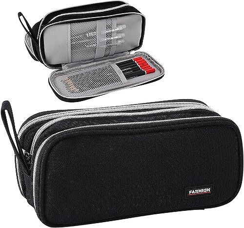 JMQYS Federmäppchen Mäppchen Federmappe groß mit 3 Fächern Federtasche für Mädchen Jungen Teenager Studenten Erwachsene Tragbar Stiftetasche Bleistift Beutel Pencil Case für Schule Büro, Schwarz