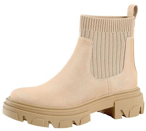 PIZZ ANNU Chelsea Boots Donna Comodi Stivali con Tacco Basso Invernali Biker Stivaletti Casual Eleganti Plateau Nudo EU 36