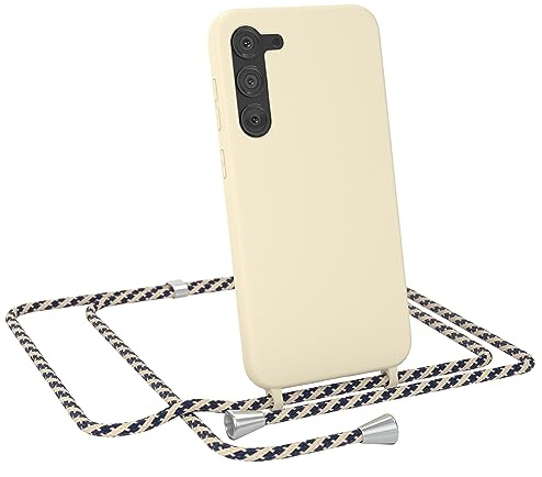EAZY CASE - Handykette austauschbares Band - kompatibel mit Samsung Galaxy S23 Plus Silikon Necklace(abnehmbar),Stoßdämpfung bei Sturz, Taupe mit Taupe/Blau Camouflage Clip Silber