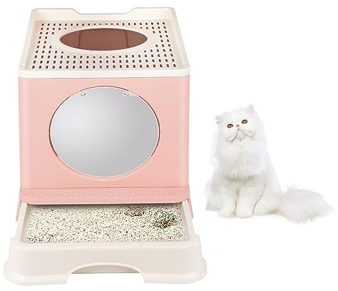 HUOLE Bac à Litière Fermé pour Chat, Maison de Toilette, Plateau Amovible, Pelle, Brosse, pour Grand Chat, Capacité de Charge 15 kg,Anti-fuites,Grande Maison de Toilette Chat-48 * 39 * 34cm-PP-Rose