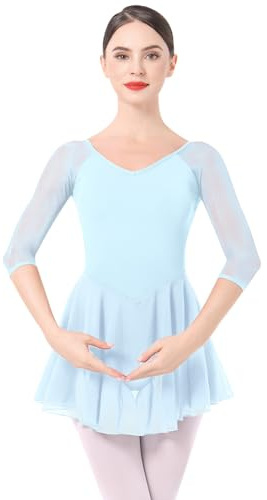 Odizli Ballettkleidung Damen 3/4 Ärmel U Rücken Ballett Body Chiffon Tütü Ballettkleid