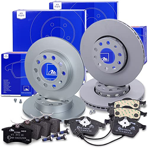 ATE Bremsenset inkl. Bremsscheiben vorne Ø 288 mm belüftet + hinten Ø 245 mm voll und Bremsbeläge vorne + hinten und Verschleißkontakt Kompatibel mit AUDI A4 B6, SEAT EXEO (3R2), EXEO ST (3R5)