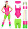CHMMY 80er Jahre Outfit Damen Sportbekleidung Kostüm - Weste, Kurze Hose, Stirnband, Ohrring, Beinwärmer, Armbänder, Halskette - Sportanzug Für Karneval