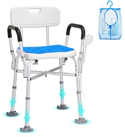 VEVOR Shower Chair Seat with Padded Armrests and Back, Shower Stool with Crossing Bar, Shower Chair for Inside Shower Bathtub, Adjustable Height Bench Bath Chair for Elderly Disabled, 181.4kg Capacity