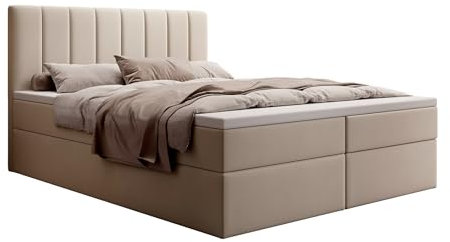 mybed. Allen Boxspringbett Modernes Polsterbett mit Kopfteil und Bettkasten 160x200 7-Zonen Taschenmatratze H4 und Topper Creme Matt Velvet 06 Schlafzimmer