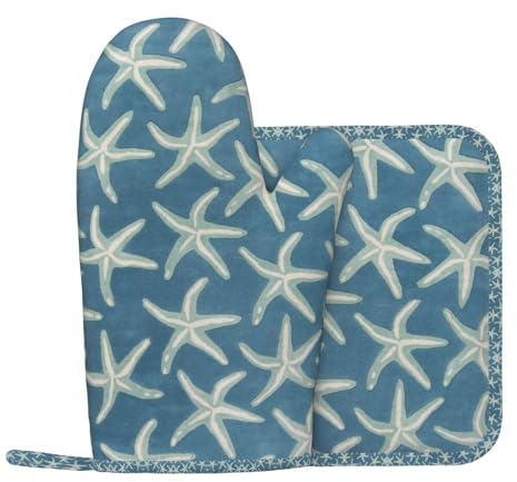 Lot de 2 maniques et maniques en laine Motif étoile de mer Résistant à la chaleur Pour barbecue cuisson micro-ondes Facile à nettoyer