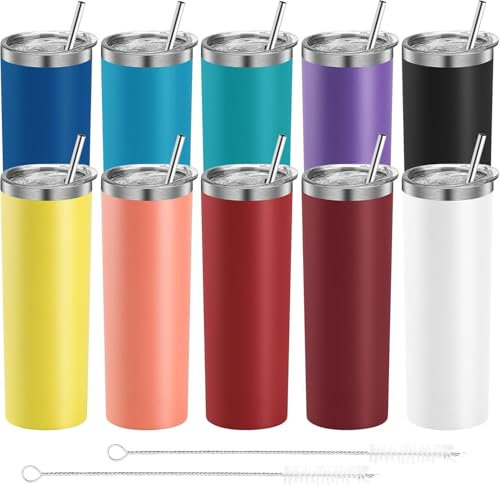10 Pack Skinny Tumblers 20oz Bulk, Straight Stainless Steel Double Wall Vacuum Insulated Tumbler with Lid and Straw for Graduation, Travel, DIY (10 Colors)