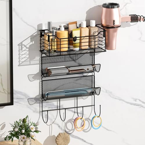 VITVITI 4 Tier Hair Dryer Holder with 4 Hooks, Wall Mounted Hair Accessories Organiser for Bathroom Accessories, Skincare Makeup Storage Rack, Hairdressing Table Organiser - Black