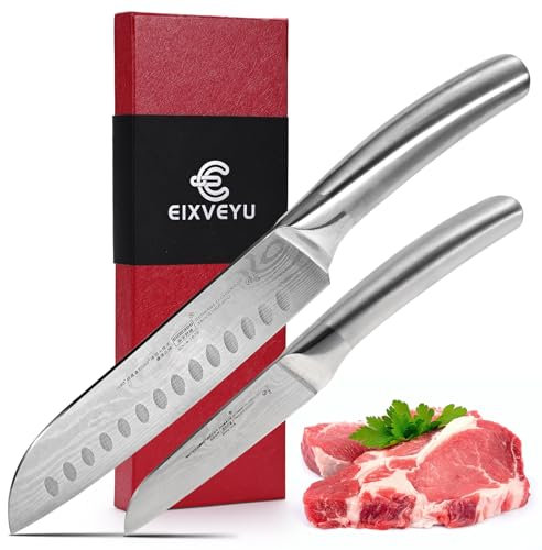 EIXVEYU Coltello Santoku e Coltelli per Frutta,2 Pezzi Set Coltelli da Cucina,Damascus Modello Coltelli da Cucina Coltelli per Sbucciare,Con Manico Acciaio Inossidabile e Confezione Regal