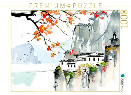 CALVENDO Puzzle Dorf in den Bergen Chinas. Tuschemalerei | 1000 Teile Lege-Größe 64 x 48 cm Foto-Puzzle für glückliche Stunden