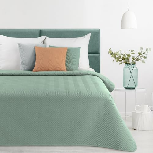 Eurofirany Stillvolle Decke in eleganter Karomuster-Steppung, Lein-Optik, perfekte Sofa- und Tagesdecke (Grün, 220x240 cm)