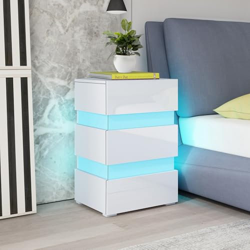 Komtopod LED Bedside Cabinet, White Bedside Table High Gloss, Wooden Nightstand Living Room End Tables with 3 Drawers, Sofa Table Storage Unit for Living Room Bed Room