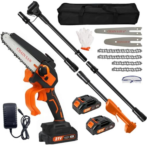 Scie à pole sans fil 2 en 1, scie à branches haute, tronçonneuse manuelle avec chaînes de 4 et 6 pouces, 2 batteries rechargeables de 21 V, portée de 2,3 m, scie électrique pour le jardin et la taille