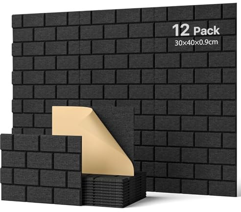 Soundsbay Akustikplatten selbstklebend 12 Stück, Schallschutz Wand Rechteckiger Ziegeltyp Schallschutzplatten, Akustikpaneele für Akustische Behandlung und Wanddekoration 30x40x0.9cm (Schwarz)