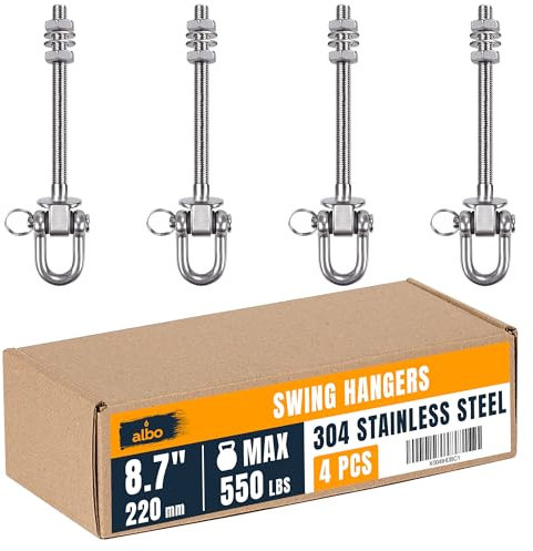 Albo 4 Pack Heavy Duty Swing Hangers – 8.7 Inch, 304 Stainless Steel, 1800 lbs Swivel Hooks for Hammock, Porch, Gym, Punching Bag, Yoga, Playground, Ceiling Mount for Wood & Concrete Indoor Outdoor