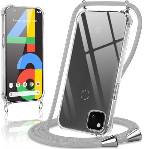 Coiwxmoi Handyband Handyhülle für Google Pixel 4a Hülle mit Band 5,81,Transparent Case mit Kette Abnehmbar zum Umhängen Kordel Schutzhülle,Weich Silikon TPU Stoßfest Cover für Google 4a 4G,Grau