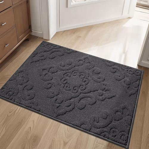 COSY HOMEER 60 x 90 cm Nonslip Indoor Doormat with Baroque Relief Patterns, Washable Door Mat Inside Dirt Trapper Welcome Mat for Front Back Door Entrance, Dark Grey