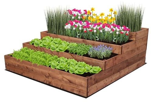 MODO24 Hochbeet Holz, 4-stufiger, Blumenkasten 45x117x120 cm, Braun | Komplettes Anzuchtset inkl. Schrauben, Dekoratives Gemüsebeet, Kräuterbeet & Blumenkasten für Garten und Terrasse