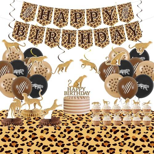 Gepard Geburtstag Party Dekoration - Leopardendruck Party Supplies umfassen alles Gute zum Geburtstag Banner Kuchen Topper Tischdecke Ballons für Dschungel Safari Baby Shower