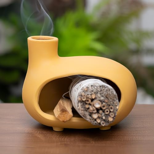 MOUGIGI Soporte Amarillo para palosanto con Chimenea, Quemador de Incienso para Quemar Salvia, Palos de Madera, Conos y Velas de té, Cuenco de cerámica Hecho a Mano, Quemador de Incienso aromático