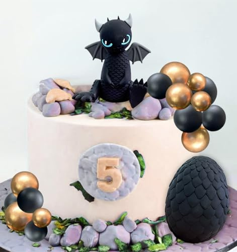 Black Dragon Cake Topper Dragon Eggs Cake Decor Gold Black Balls Cake Decor | for Fantasy Baby Shower Birthday Wedding Party Supplies