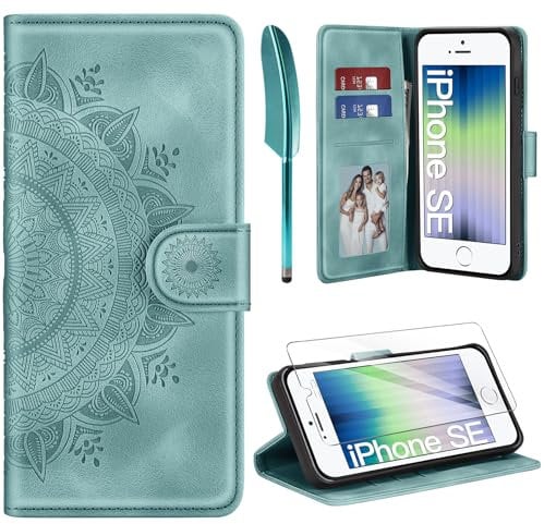 ivencase Lederhülle für iPhone SE 2022/2020 iPhone 8/7 Hülle und Schutzfolie, Premium Klappbar Handyhülle Flip Wallet, [Kartenfach] [PU Leder] [Ständer] Schutzhülle, Grün