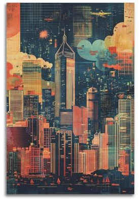 XHBKJA Atemberaubende urbane Skyline mit lebendigen Farbtönen und abstrakten Gebäuden, Poster, Leinwand, Wandkunst, minimalistisch, modern, Wandbild, dekoratives Gemälde, hängendes Kunstwerk, 30 x 45