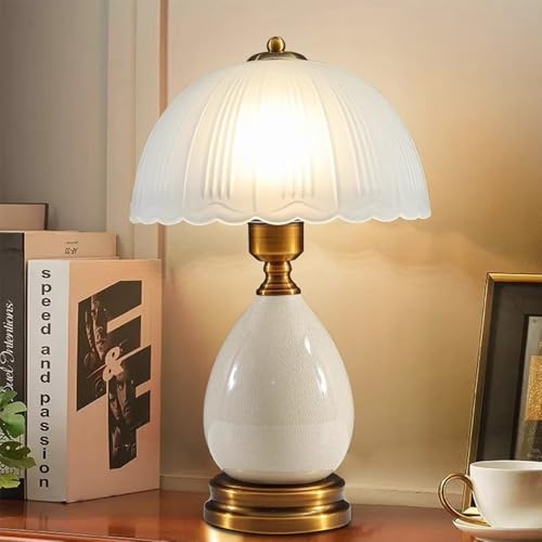 Mengjay Lampe de Table Vintage en Céramique,Lampe Chevet de Nuit verre Abat-jour Chambre,Lampe de Bureau Salon D'étude à coucher Lampes décoratives de Club (Blanc)