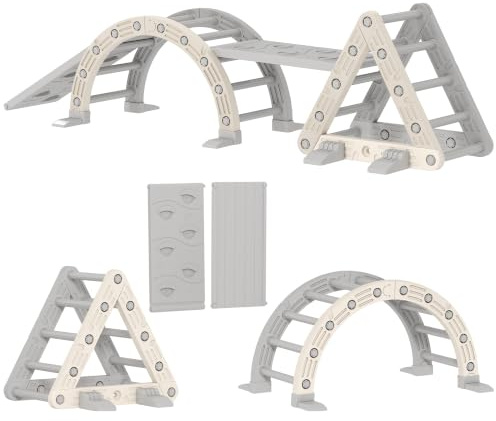 AIYAPLAY 5 in 1 Klettergerüst Montessori Indoor 18-48 Monate Grau+Weiß | Kletterdreieck mit Rutsche, Kletterbogen, Doppelseitige Rampe, Spielplatz Indoor, für Kinder