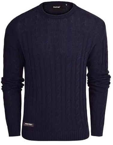 Firetrap Men's Cable Knit Jumper - Casual Crew Neck Warm Long Sleeve Pullover Sweater Tops for Men Cotton Cable Knitted Fisherman Jumpers Chunky Smart Designer Winter Sweaters
