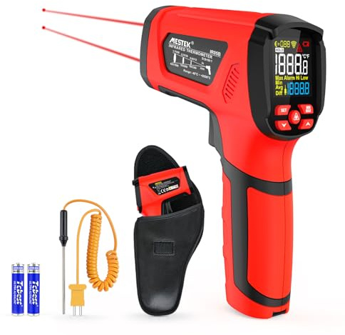Termometro a Infrarossi MESTEK Digitale Laser Alta Temperatura Pirometro -40°C~2000°C con K-Probe Senza Contatto LCD Regolabile Emissività Allarme per Cucina Forgia Industriale HVAC Forno(Rosso）