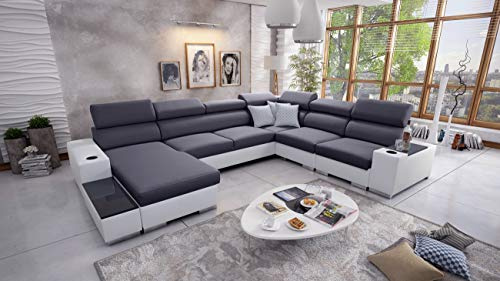 IM SOFA XXL Eckcouch U-Form Bettfunktion Ecksofa Wohnlandschaft PERS VIII (Grau Sawana + Weißes Kunstleder, Links)