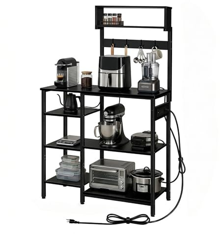 Relaxdays Küchenregal mit Steckdose & USB, HBT: 151x82x40 cm, Mikrowellen-Regal, Standregal, Holzoptik, Metall, schwarz
