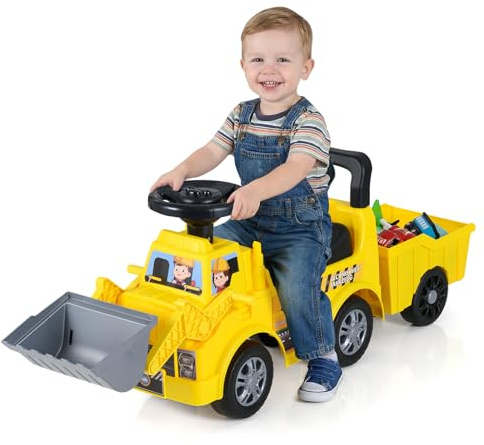 COSTWAY Sitzbagger mit Schaufel & abnehmbarem Anhänger, Kinderbagger mit Stauraum unter dem Sitz, Hupen & Musik, Bagger zum draufsitzen für Kinder ab 1 Jahr
