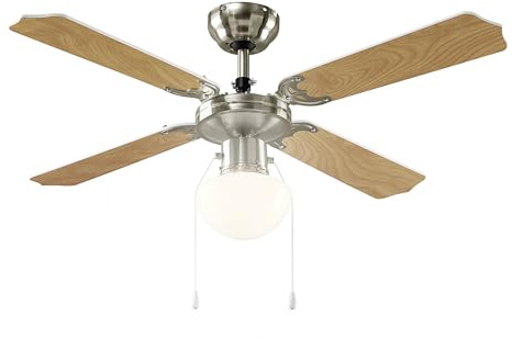 EGLO Retro Deckenventilator mit Beleuchtung, Vintage Ventilator Decke | mit Zugkette und Wendeflügel, Sommer Winter Betrieb, Holz in Ahorn und Metall in Silber, Lampe warmweiß, Ø 106,6 cm