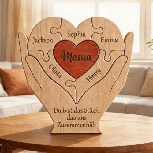 Personalisiertes Puzzle mit 2–10 Namen, Holz Puzzle Herz in den Händen halten, Muttertagsgeschenk für Mama, Familie, Du bist das Puzzleteil das uns zusammenhält, Geschenke für Mama Papa zum Geburtstag