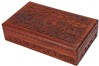 Deco 89 Schmuckkästchen aus Holz, antikes Finish, vielseitig einsetzbar, handgefertigt mit floralen Schnitzereien