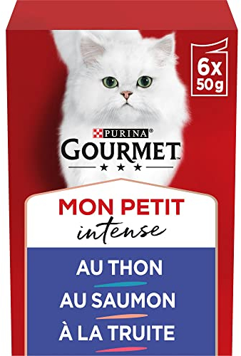 GOURMET | MON PETIT INTENSE | Chat Adulte | Emincés en sauce | Sélection au Poisson : Saumon, Thon, Truite | Sachets Fraicheur | Lot de 8 (6 x 50 g)