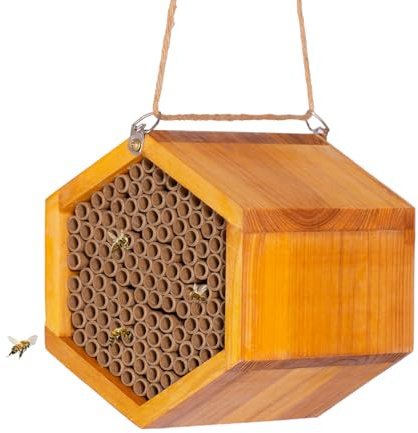 POLLIBEE Mason Bee House – handgjord naturlig träbikupa belagd med vax för vattentät och lång livslängd – lockar fredliga bipollinatorer för att förbättra din trädgårds produktivitet
