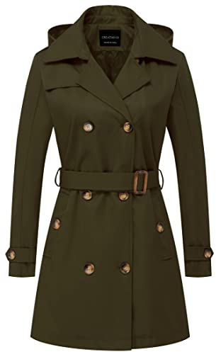 CREATMO US Damen-Trenchcoat, zweireihig, klassischer Revers, Übermantel, Gürtel, schmale Oberbekleidung, Mantel mit abnehmbarer Kapuze, Grün (Army Green), XXL
