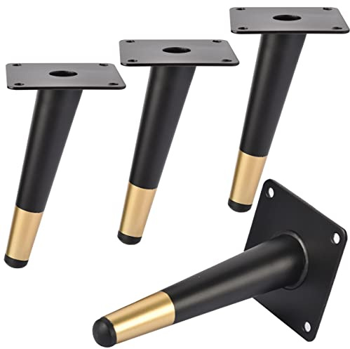 Btowin Metall-Möbelbeine, 25.4 cm, 4 Stück, robuste Metall-Tischbeine mit Gummi-Bodenschonern und Schrauben, Möbelersatzbeine für DIY-Sofa, Couch, Nachttisch, Schrank, Schreibtisch, schwarz-gold