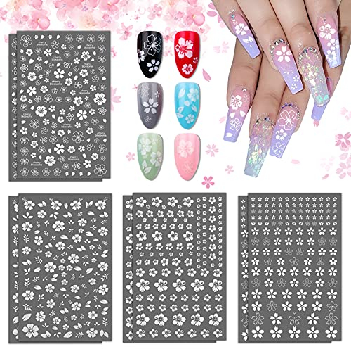 Flower Nail Stickers Decals White Cherry Blossom Stickers, EBANKU 8 Sheets Self-Adhesive White Flower Stickers for Acrylic Nails Designer Nail Art Stickers Supplies for Woman Girl
