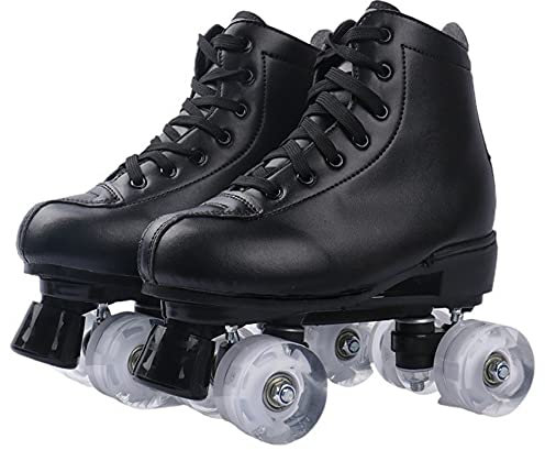 XVBVS Patines de Ruedas para Mujeres y Hombres, Patines Clásicos de Doble Hilera con Ruedas Iluminadas por LED, Patines 4 Ruedas de Cuero de PU para Principiantes, Adolescentes, Adultos (43,Negro)