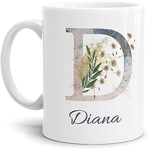 Tasse mit Buchstabe D und Blumen - mit Name personalisiert - Initiale, Namens-Tasse, Buchstaben Tasse, Geschenk I Keramik Weiß, 300 ml