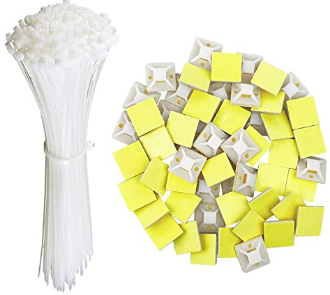 Oksdown 100 Pack Plastic Cable Ties with 60 Pcs Strong Self Adhesive Cable Clips Wire Ties Mount Sticky Base 25x25mm Nylon Zip Tie Wraps 150×2.5mm for Cable Tidy Management in Home and Office White